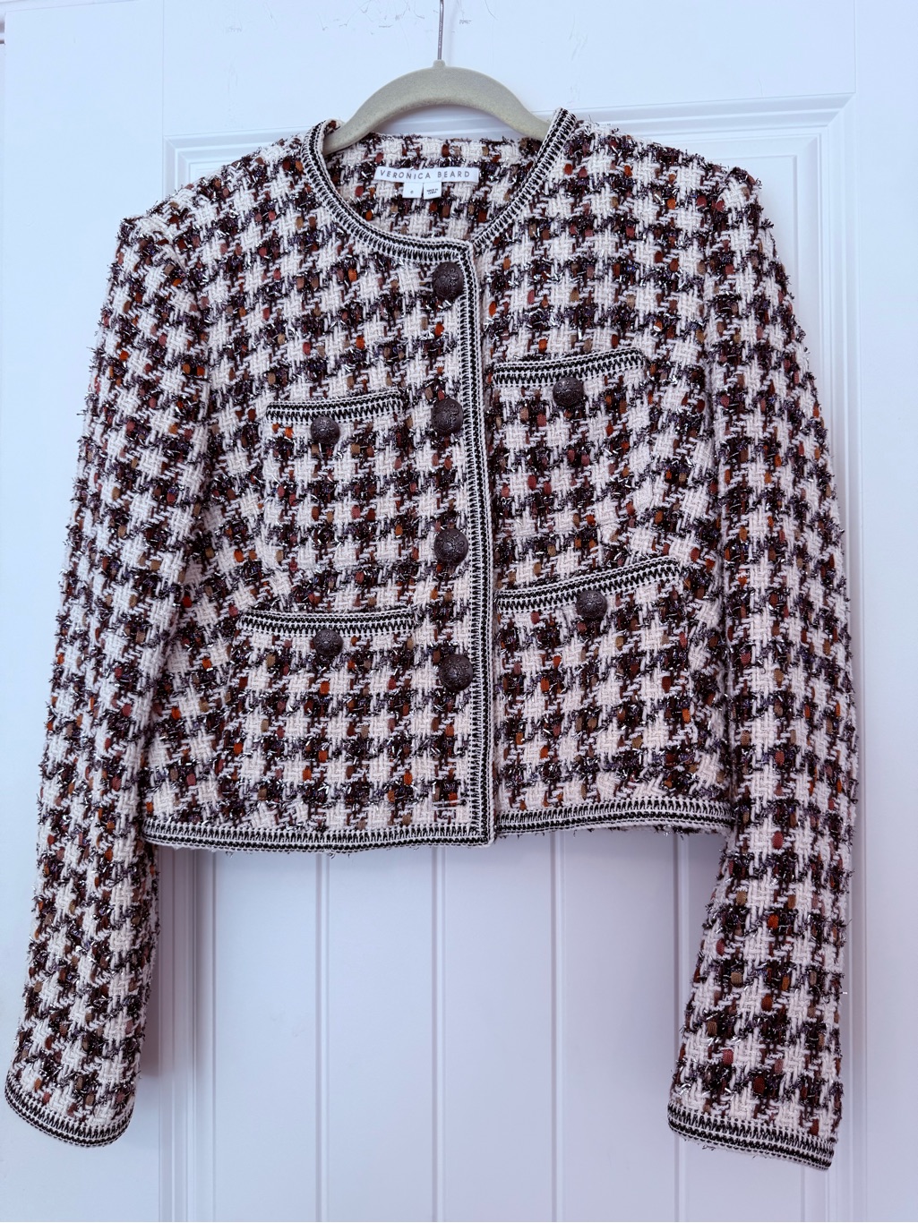 Veronica Beard Cropped Tweed Houndstooth Jacket In Cream And Brown